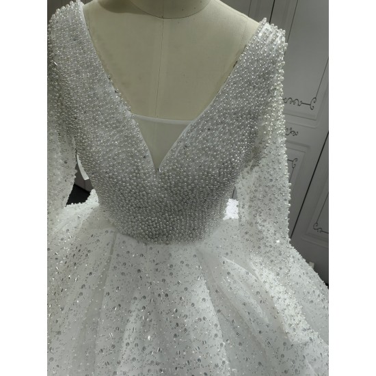 V Neck Fully Beaded Luxury Wedding Dress With Long Sleeves CBWD003