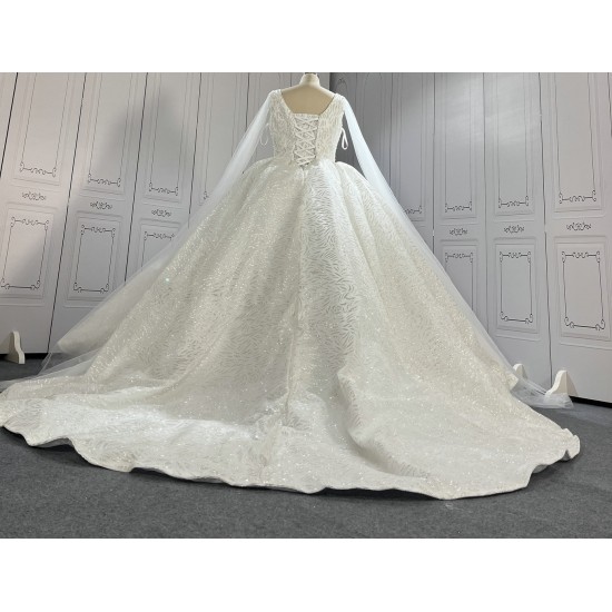 V Neck Glitter Ball Gown Wedding Dress With Shawl Sleeves CBWD002