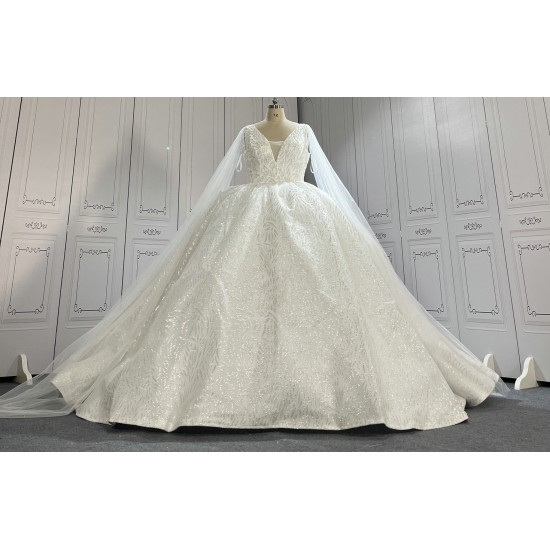 V Neck Glitter Ball Gown Wedding Dress With Shawl Sleeves CBWD002