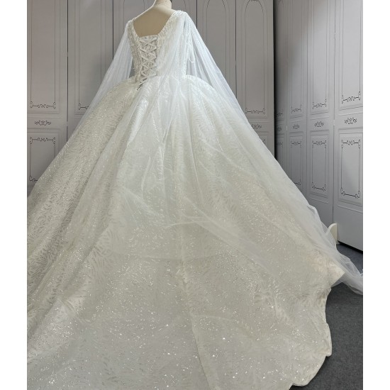 V Neck Glitter Ball Gown Wedding Dress With Shawl Sleeves CBWD002