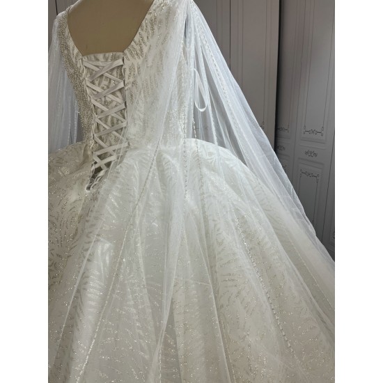 V Neck Glitter Ball Gown Wedding Dress With Shawl Sleeves CBWD002