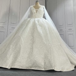 V Neck Glitter Ball Gown Wedding Dress With Shawl Sleeves CBWD002