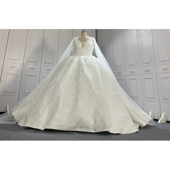 V Neck Glitter Ball Gown Wedding Dress With Shawl Sleeves CBWD002